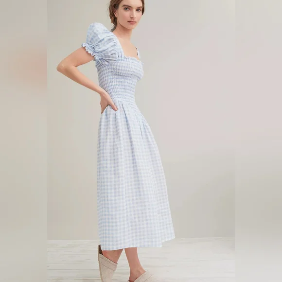 Sleeper 100% linen belle dress in blue gingham, medium - Picture 3 of 8